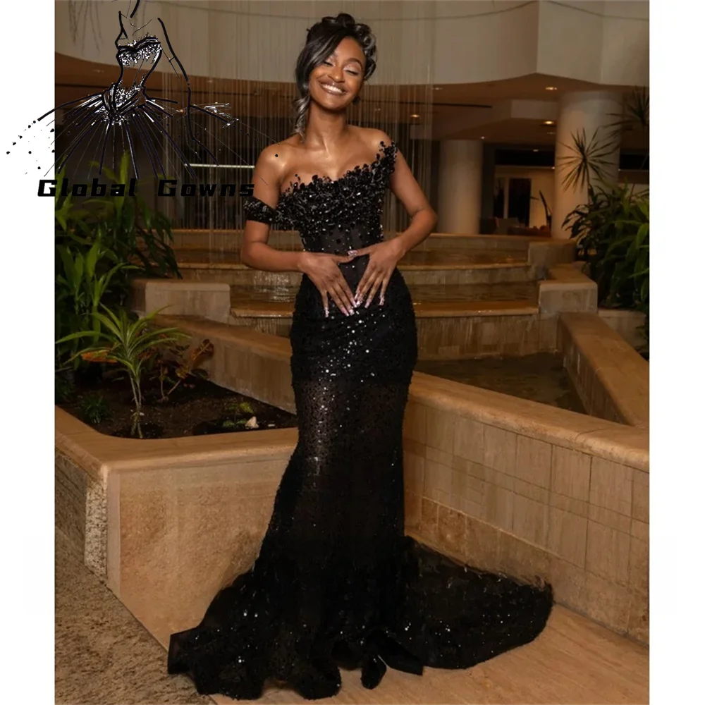 Bespoke Black Prom Dress With Corset 2026 One Shoulder Sequin Crystal Matric Farewell Dresses Mermaid Party Gown Customized