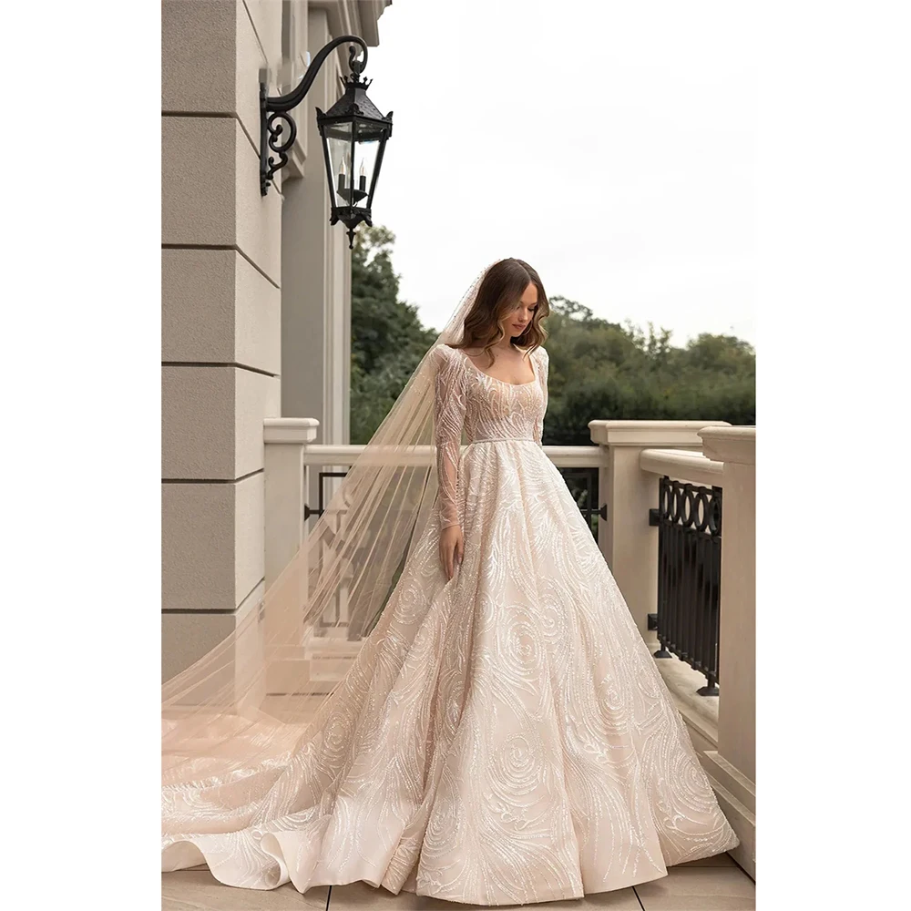 

Luxury Scoop Neck Sequined Wedding Dress Elegant A Line Puff Sleeve Bridal Gown Custom Made High Quality Princess Bride Dresses