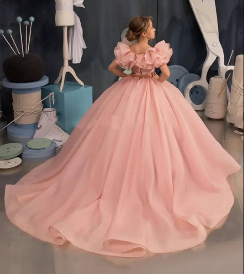 

Pink Off-The-Shoulder Ruffles Tiered Tulle Kids Birthday Dress Flower Girl Gown for Wedding Special Occasions