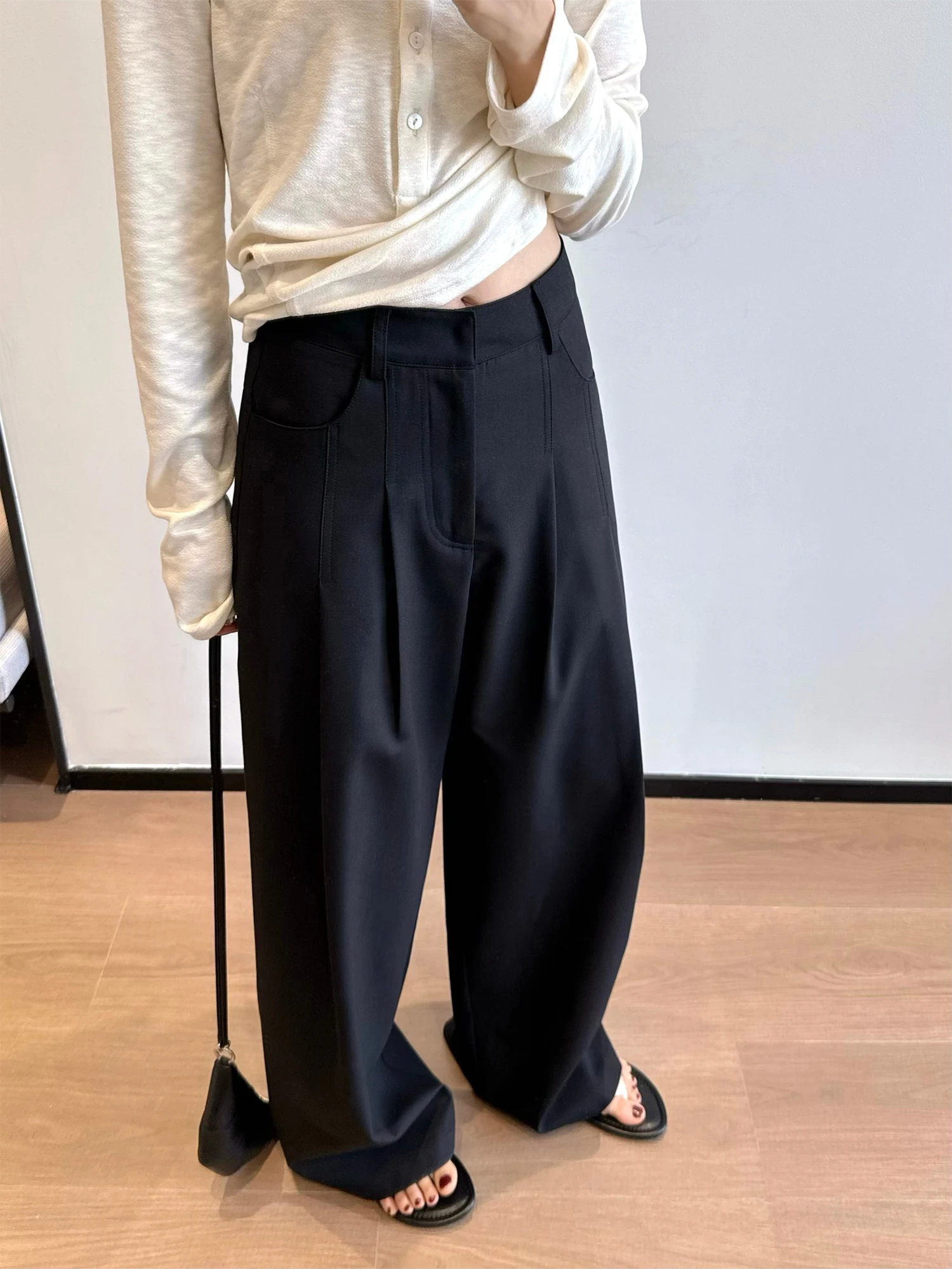 

Awencoat Women's Casual Pants Loose Drapey Pleated High Lengthening Straight Leg Suit Pants Casual Sle Pure Color l W...