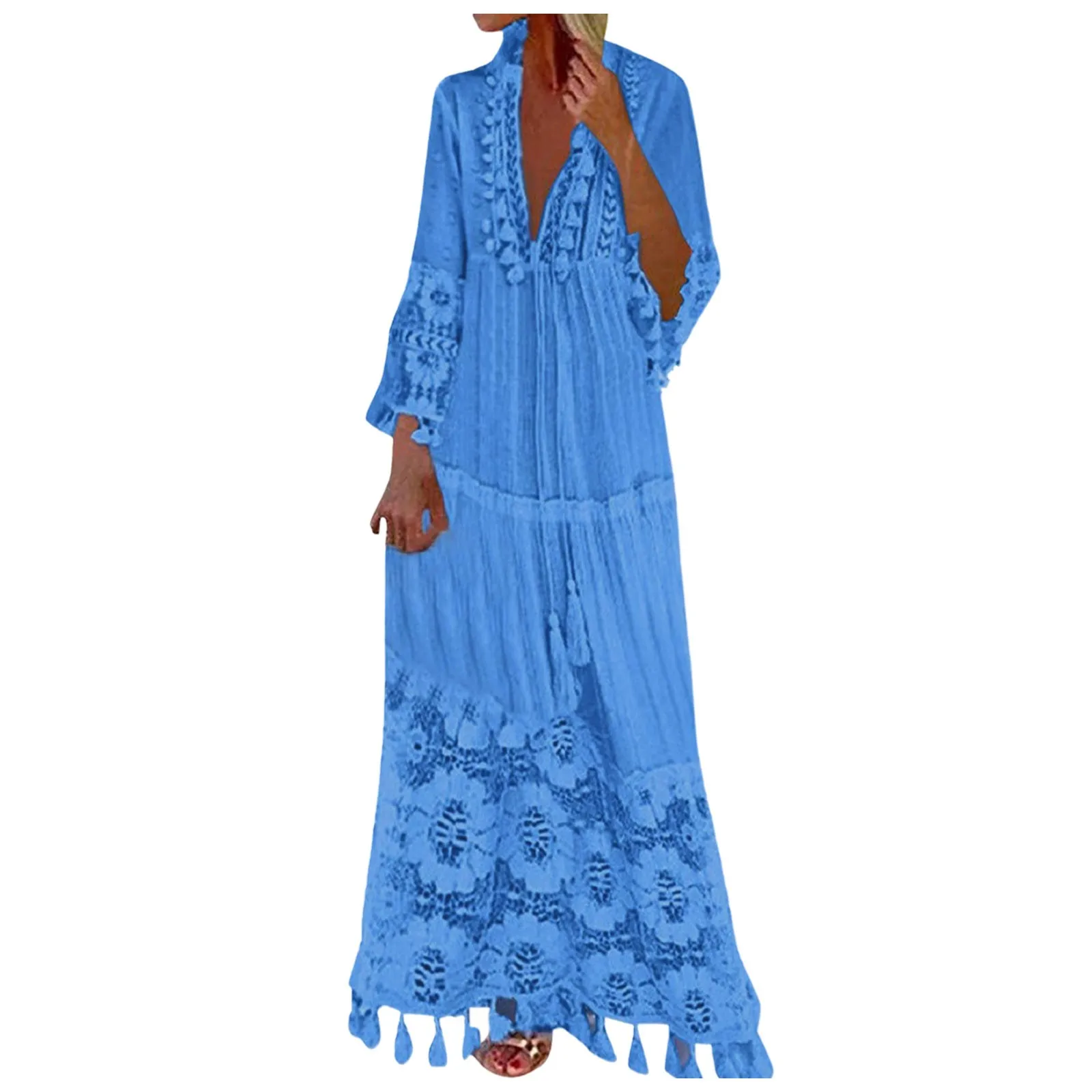 أزياء الصلبة اللون فستان الدانتيل المرقعة هامش فستان بكم طويل عطلة الشاطئ الجوف خارج فساتين طويلة صيدا دي برايا الأنثوية #2