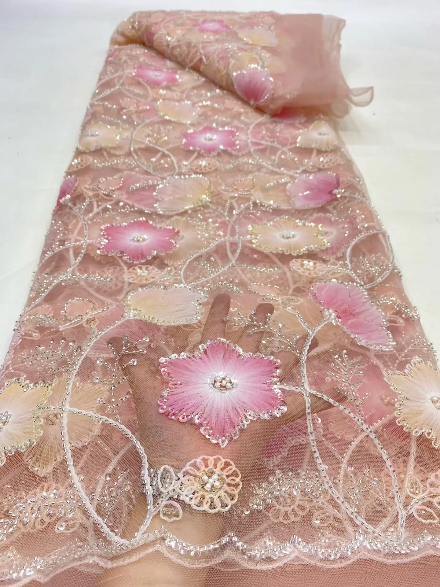 

African Fabric Lace High Quality African Nigerian Sequins Embroidery Tulle Lace Fabric, White,Sewing Beads Stone Prom Dresses