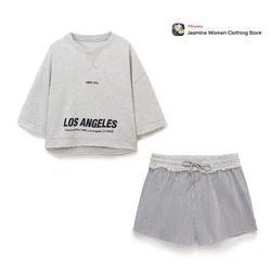 Women New Complete Crews Unfinished Hem Two Piece Short Set Half Sleeve Printed Crop Tee Elastic Drawstring Waist Striped Shorts