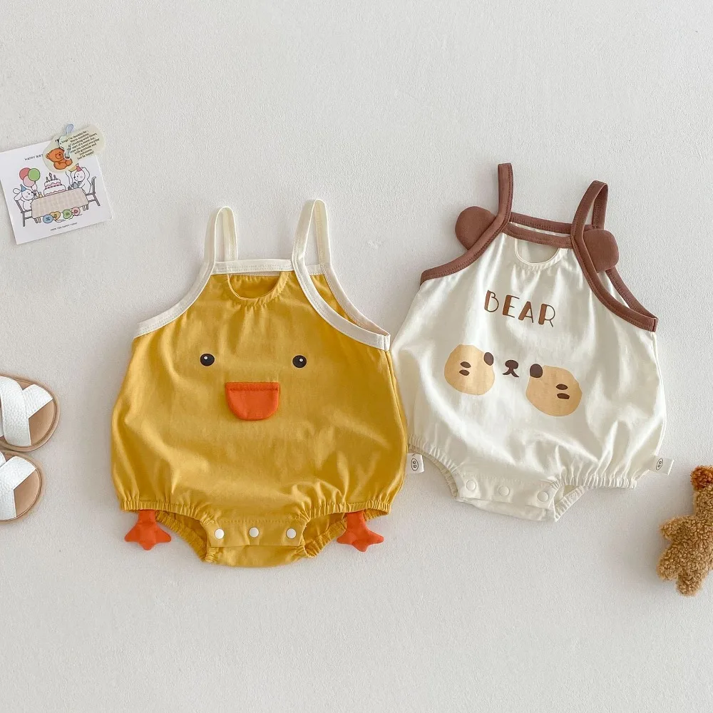 

Милый детский комбинезон для новорожденных мальчиков и девочек 0-2 лет, хлопковое боди без рукавов с рисунком медведя, свободные наряды, летняя одежда