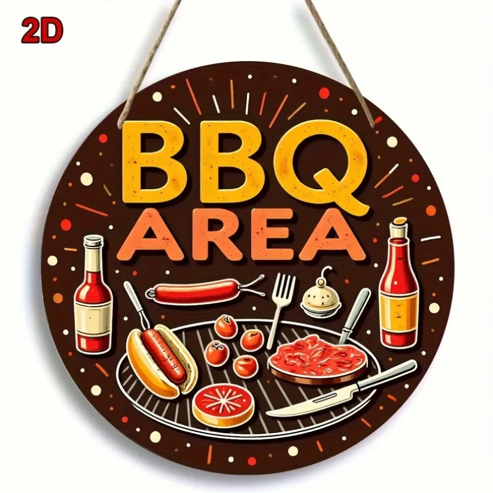 Vintage BBQ Area Tin Sign, Round Colorful Metal Wall Art with Hot Dog & Grill, Outdoor Kitchen & Man Cave Decor