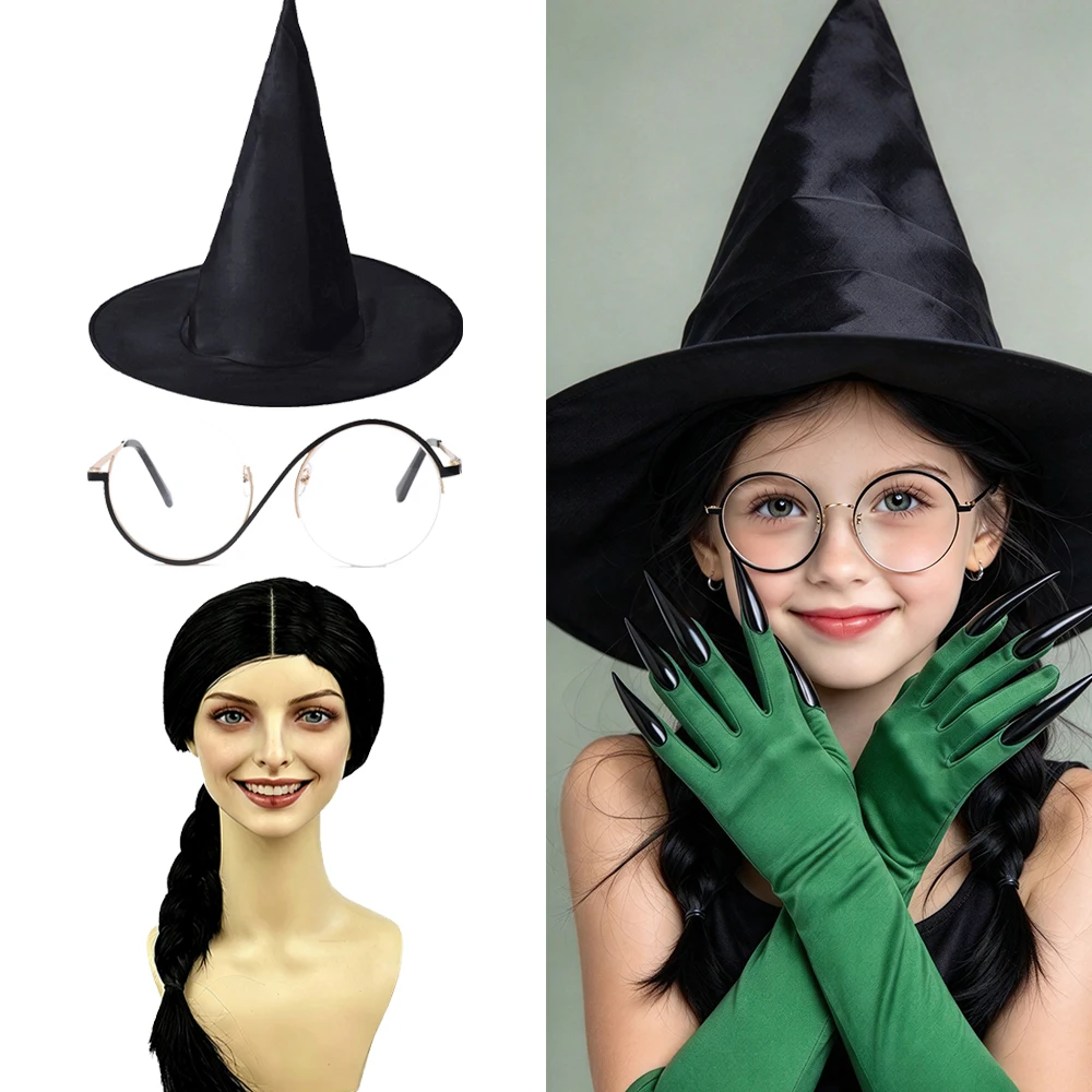 Black Witch Cosplay Fantasy Costume Green Gloves Hat Glasses Set For Women Roleplay Props Halloween Carnival