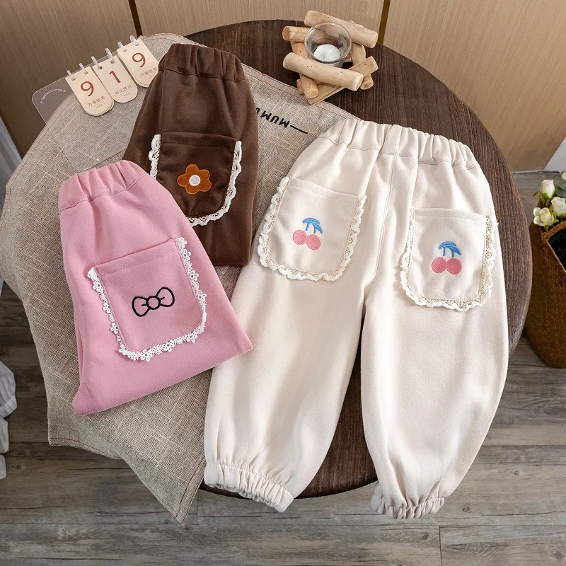 LYY-Girls' Autumn Pants2024New Children's Casual Sports Loose Sweatpants Embroidered Lace Spring and Autumn Trousers