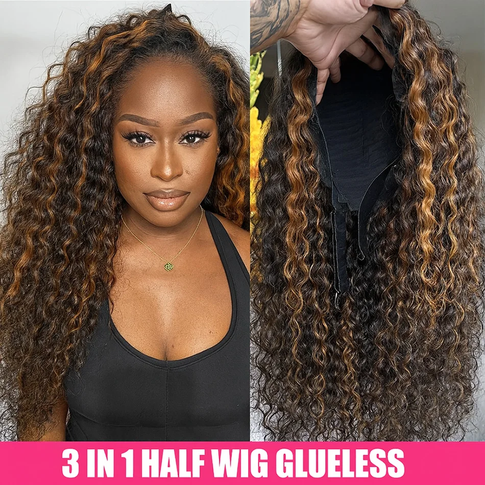 

Машинное производство Полупарики 1B/30 Выделенный Глубокий Вьющийся Полупарик Человеческие Волосы Бесшовный Парик Флип-Шнурки Invisi Ombre Половина Парик