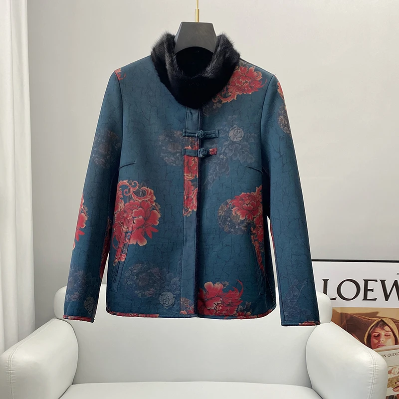 PUDI New Luxury Fashion Pattern Real Wool Fur Inside With Mink Fur Collar Winter Coat CT272