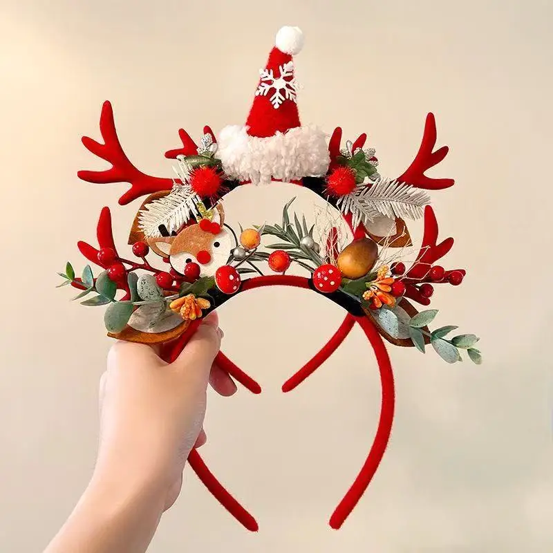 

Christmas Deer Antler Hair Hoop with Pom-poms & Cute Ears - Women's Elk Pinecone Headband, Photo Prop Hair Clip Headp
