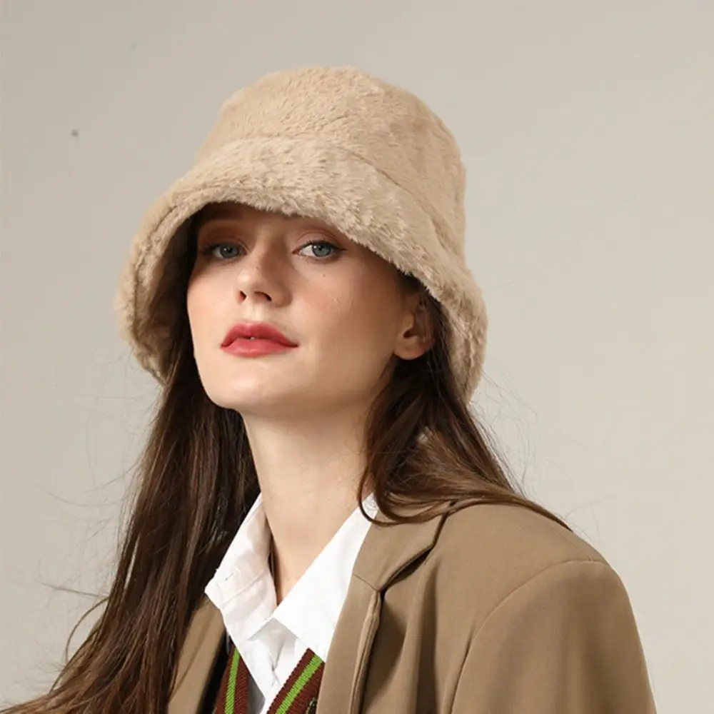 

Harajuku Windproof Wool Bucket Hat Imitation Fur Solid Color Women's Hat Ear Protection Korean Style Warm Fisherman Hat Winter