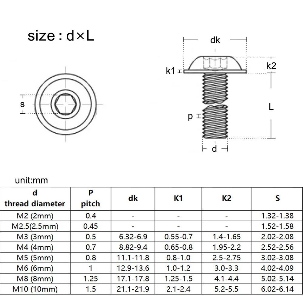 2-40pcs M2.5~M10 Black 304 Stainless Steel Hexagon Hex Socket Round Head with Washer Screw Bolt for Fasteners