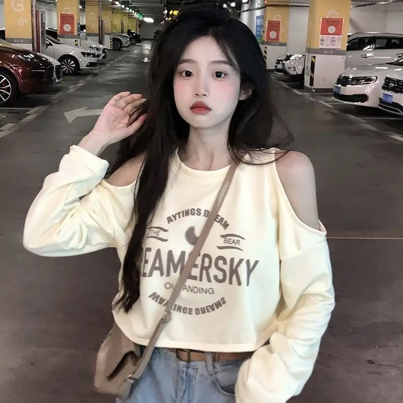 

Femme Spring Summer Korean Fashion Printing Solid Color O-neck Women Clothes Fashionable Off Shoulder Sweet Long Sleeve Top Tee