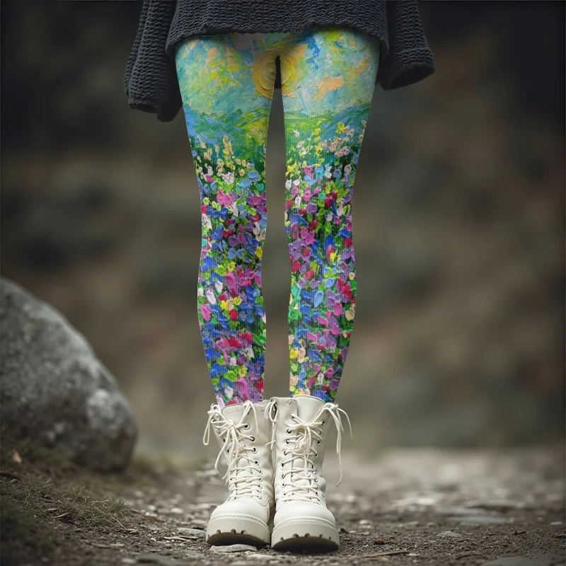 

Женские теплые зимние леггинсы с уникальной картиной маслом и цветочным принтом, толстые колготки с художественным красочным узором на осень/зиму, большие размеры