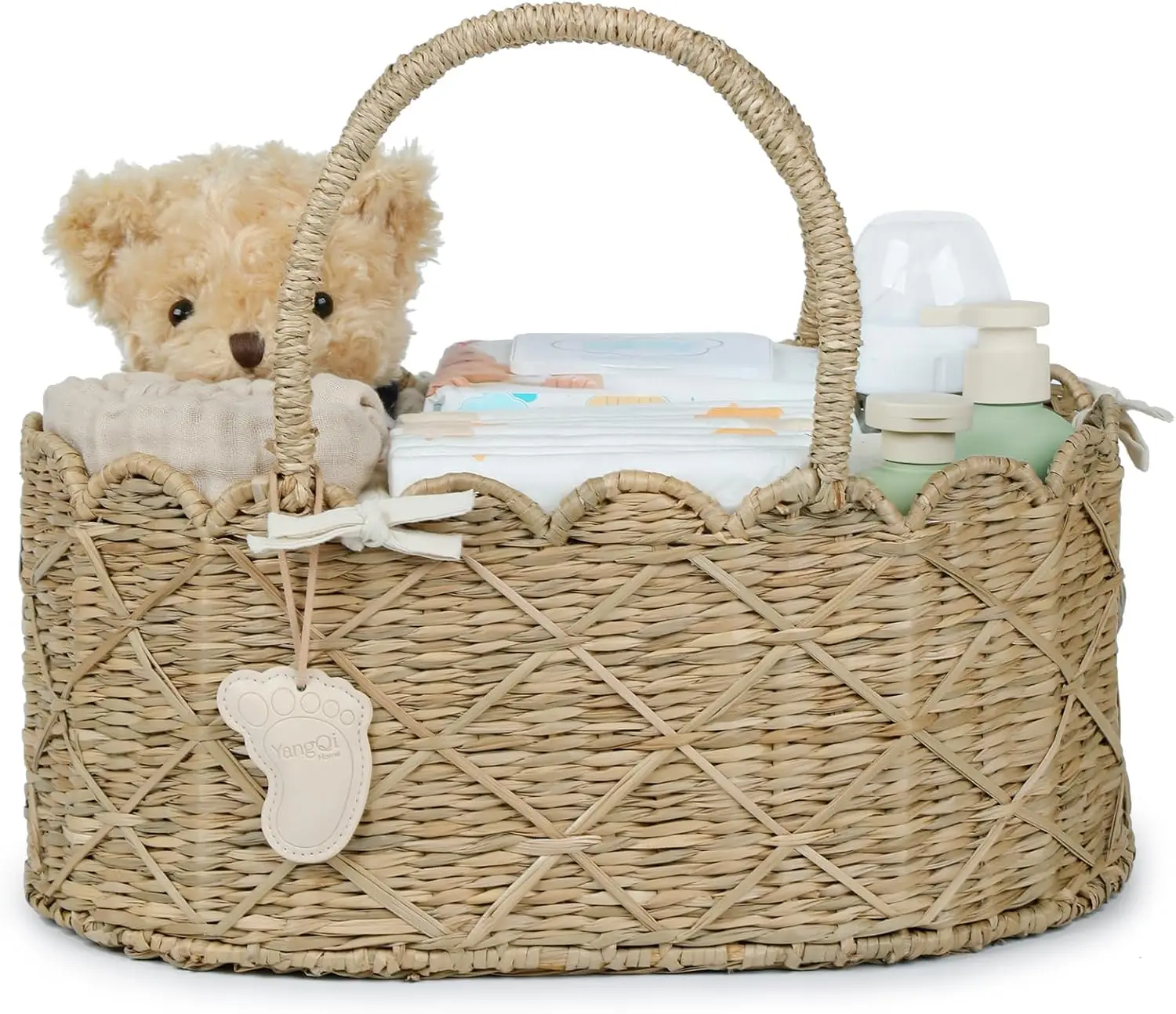 

Seagrass Diaper Caddy Organizer with Removable Divider, Portable Nursery Basket for Baby Essentials and Gifts