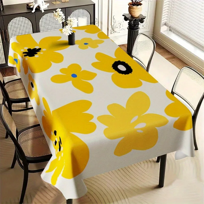 Single-sided printed Nordic minimalist square tablecloth - White background with yellow flower printed tablecloth
