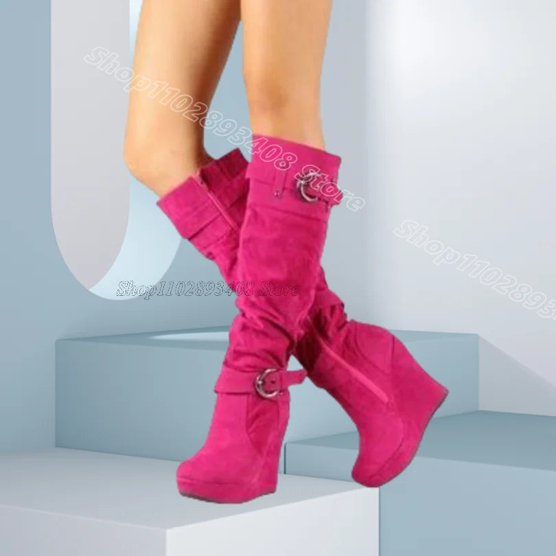 

Rose Red Wedges Heels Knee Boots Round Toe Side Zipper British Style Fashion Party Summer Women Boots 2025 Zapatos Para Mujere