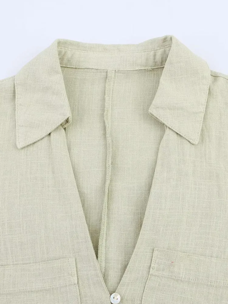 Verão novas camisas femininas vestido vintage sólido linho com decote em v 3/4 manga solta feminino elegante vestidos de rua