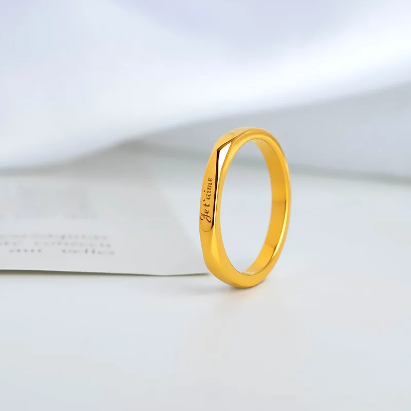 French Love You Letter Titanium Steel Smooth Ring 18K Gold Plated Waterproof Non Allergic Finger Jewelry for Women Girl Gift