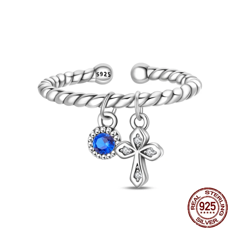 クラシックオリジナル 925 スターリングシルバーレトロスタイルブルージルコンクロス調節可能なオープンリング女性女の子ジュエリー誕生日ギフト