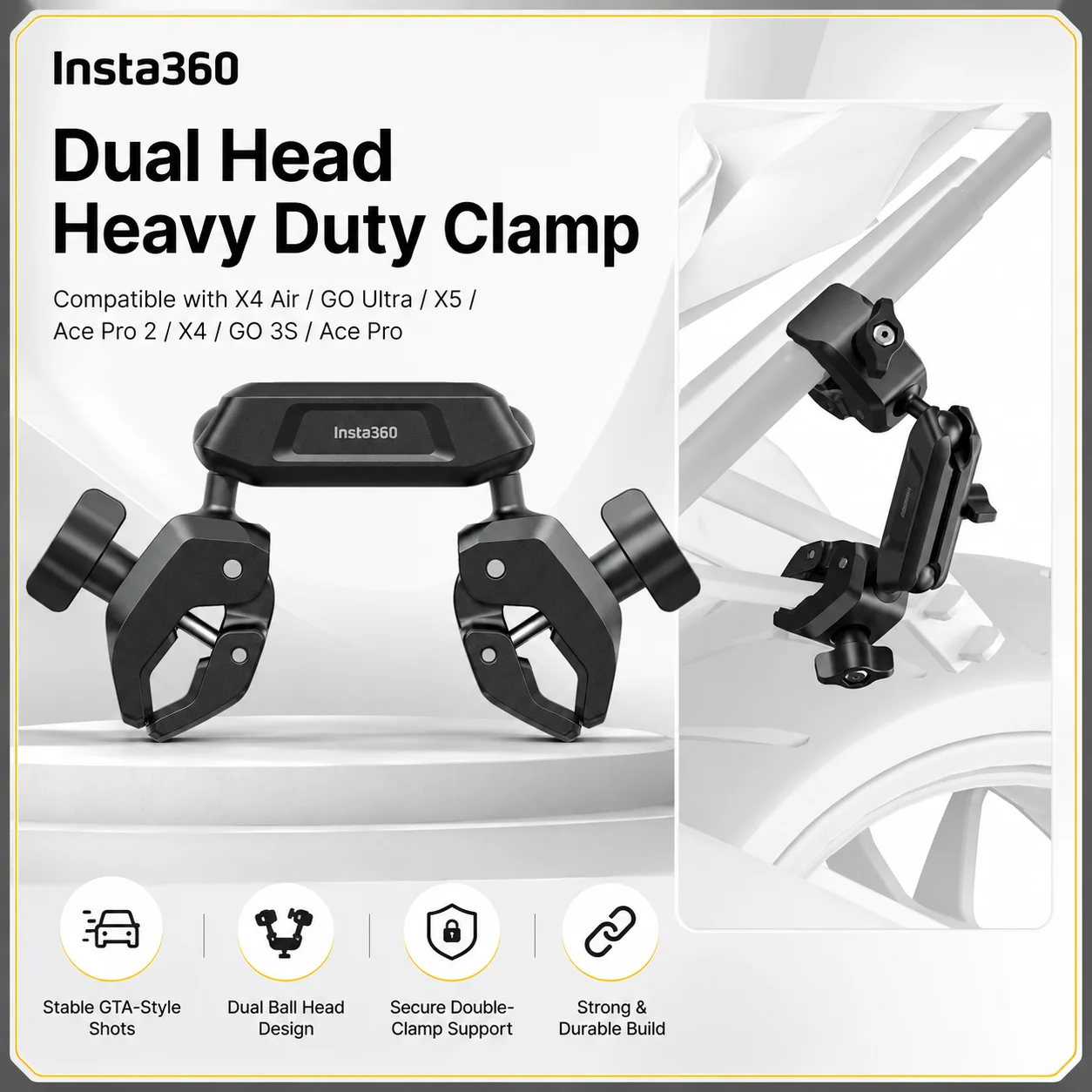 Soporte de Sujeción de Doble Cabezal de Alta Resistencia para Cámaras Insta360 X5, X4, Air GO, Ultra, Ace Pro 2, X4 GO, 3S, Ace Pro y Cámaras de Tercera Persona
