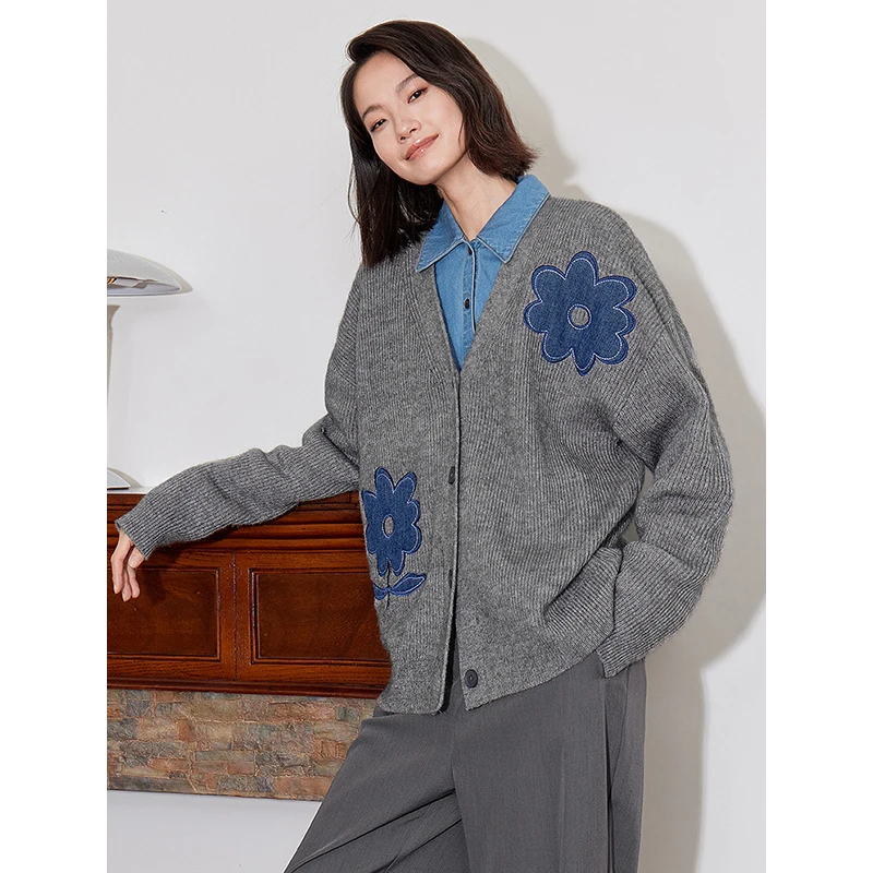 TOYOUTH Women Knitted Sweater 2024 Autumn Winter New Flower Pattern V Neck Single Breasted Button Woolen Cardigan Coat