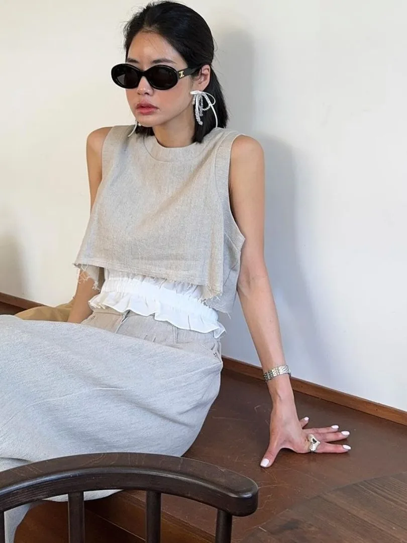 ผ้าฝ้ายลินิน Svel เสื้อกั๊กเอวสูง ort ความยาว Anti-Light การจับคู่ขากว้างกางเกงขายาวผู้หญิงหวาน Sle ชุด