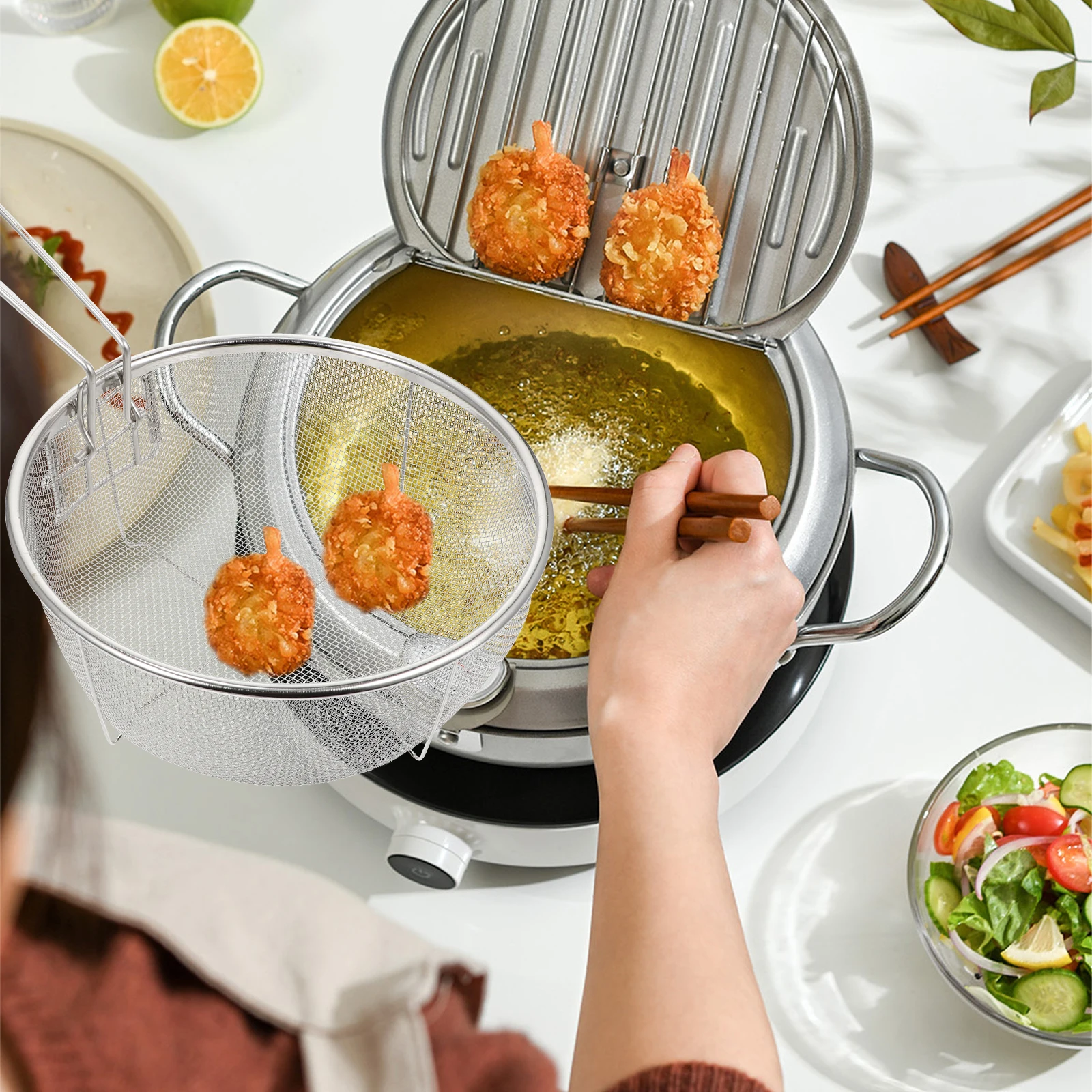 

1Pcs Premium Stainless Steel Folding Frying Basket Quick Oil Drainage for Home Kitchen Fried Food Snack Preparation Tool