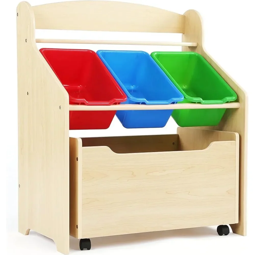 Humble Crew 3-in-1 Toddler-Size Storage Organizer with Rolling Toy Box,  Finish/Primary,Natural Finish & Primary Plastic Bins