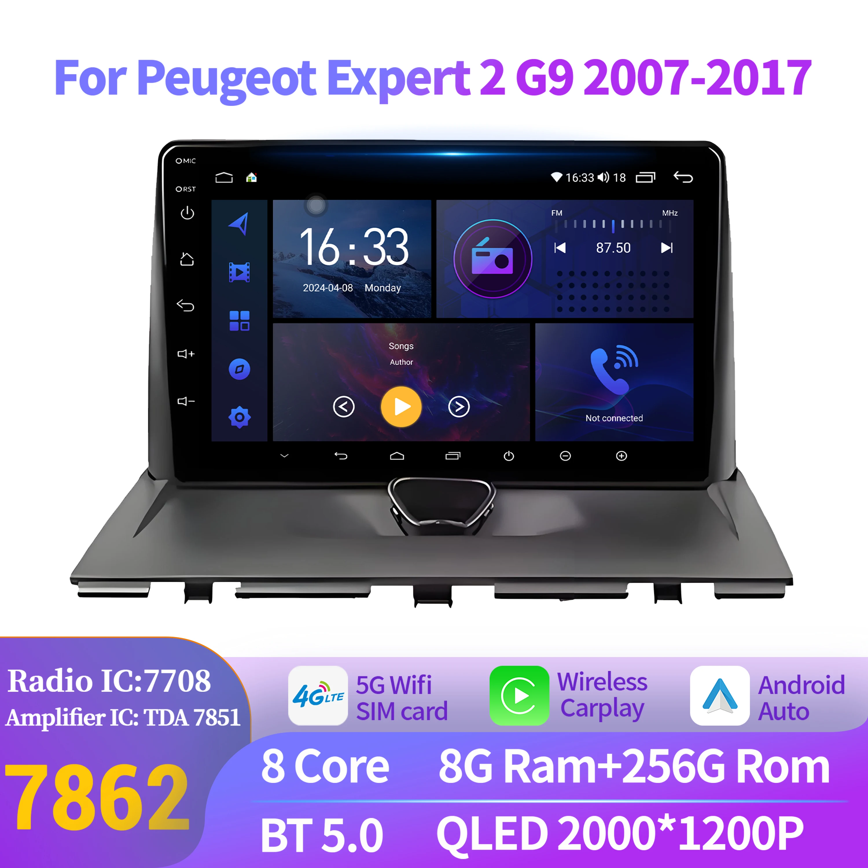

For Peugeot Expert 2 G9 2007-2017 Car Radio Multimedia Player Stereo Wireless BT Carplay Android 14 Radio Touch 2K QLED Screen