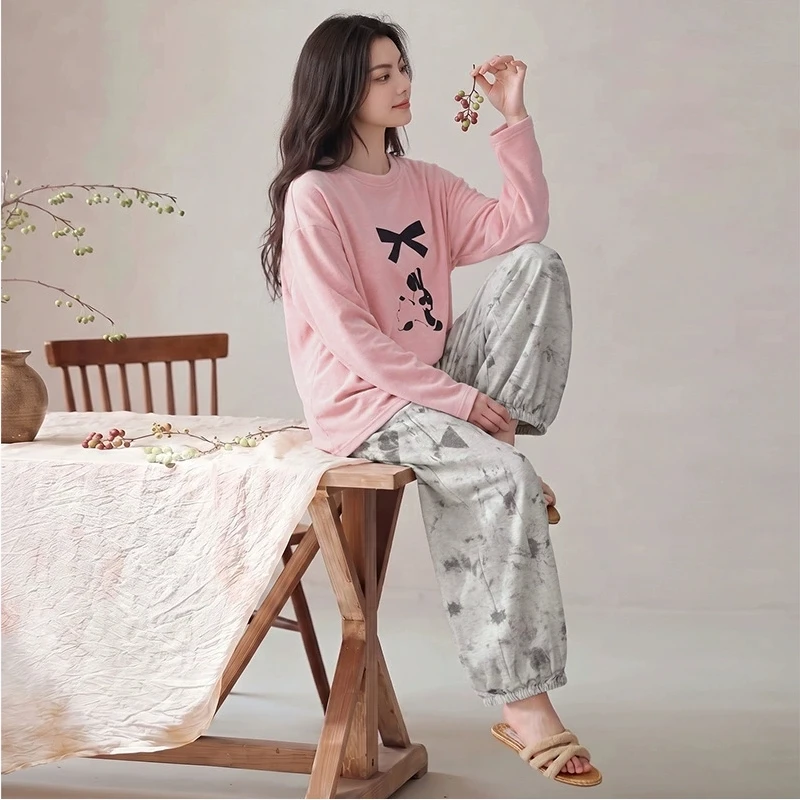 Women's pajamas Autumn and Winter 2026 New Style Velvet Warm Double-sided Brushed Thin Fleece Cartoon Wide-leg Pants Home Wear S