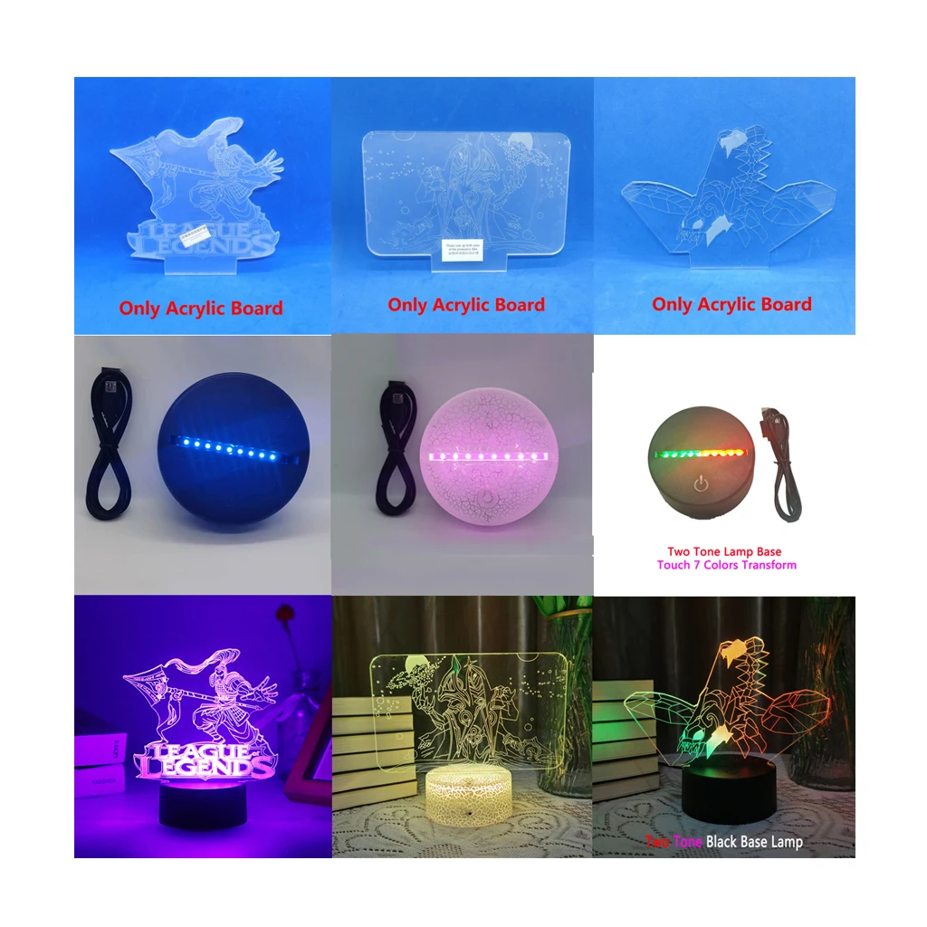 League Of Legends Anime Acrylic Sheet Figure Board 3D Led LOL Night Light Base For Kid Manga Home Room Decor Lamp Christmas Gift