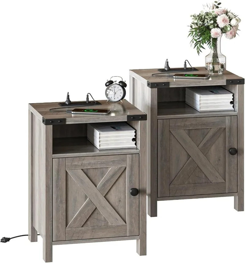 

Farmhouse End Tables Set of 2, Nightstands with Charging Station, Bedside Tables with Barn Door and Open Compartment, Ru