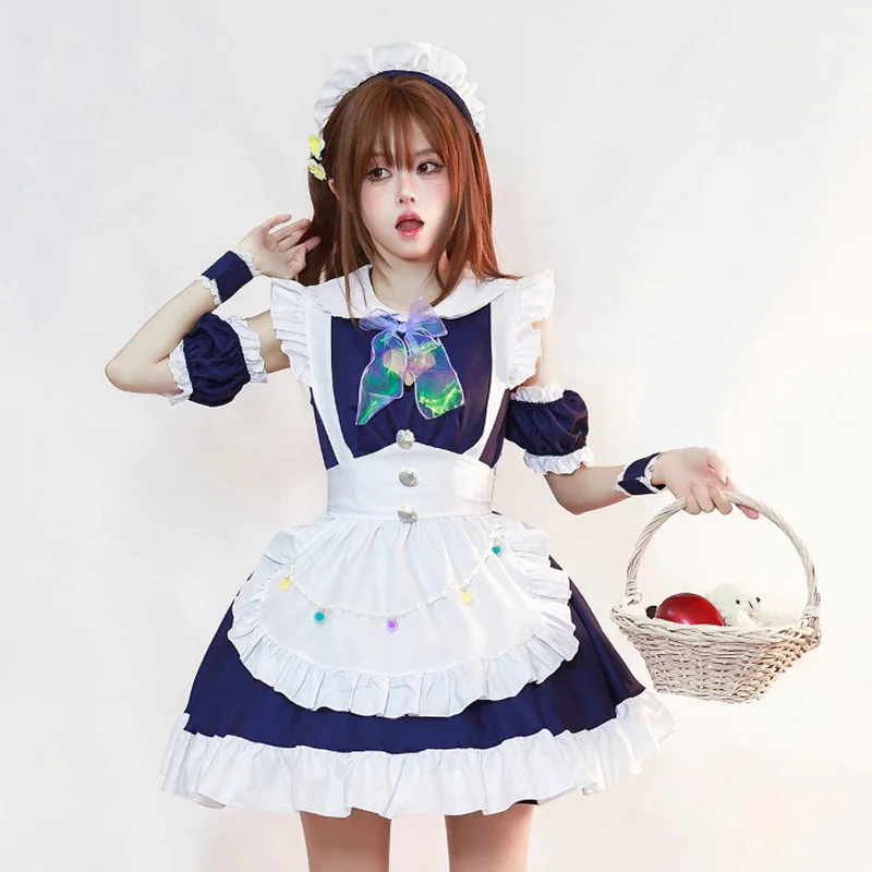 

S -5XL Dark Blue Heart Cute Lolita Maid Dress Cosplay Costume Girl Bowknot Maid Dress Trending Girls Maid Party Costumes