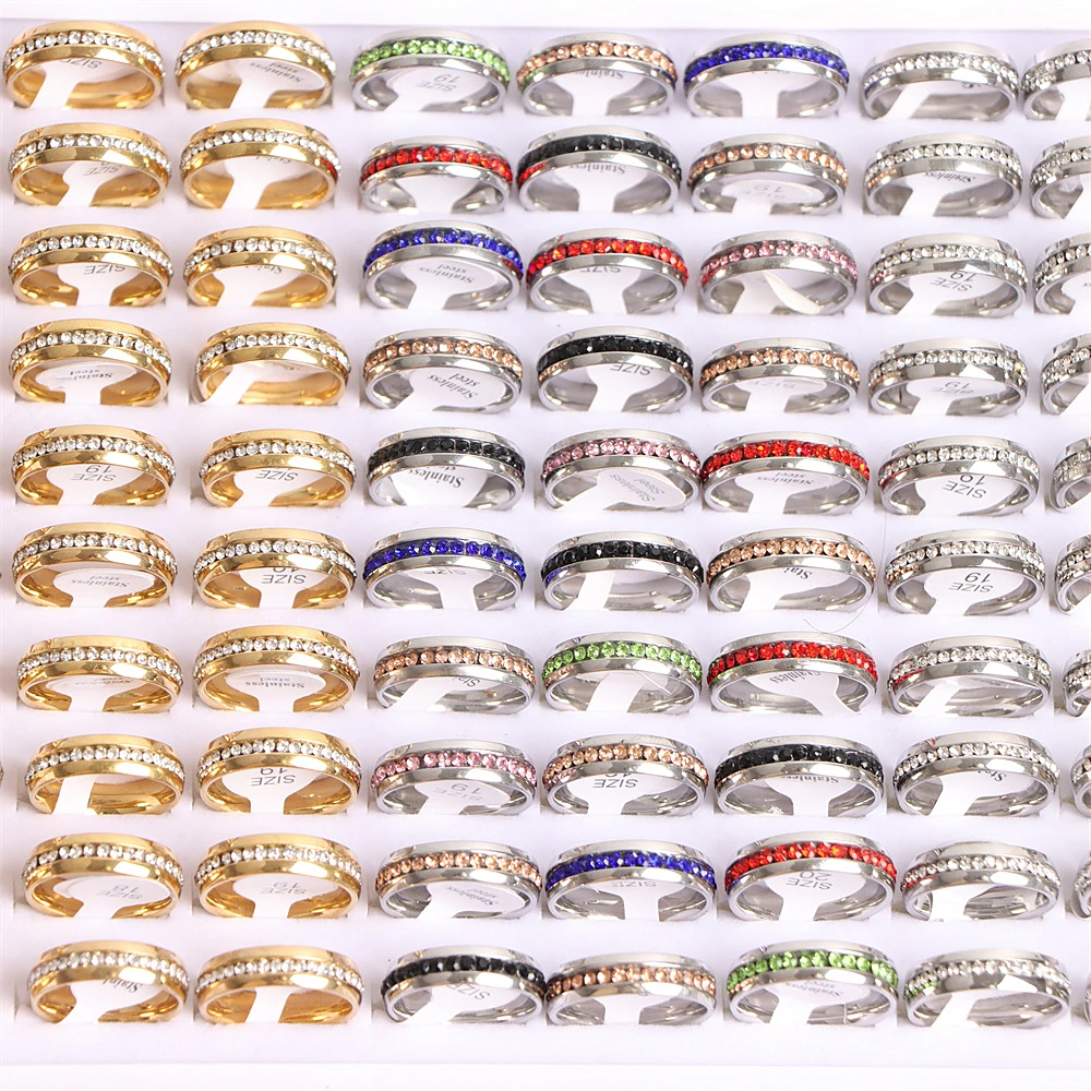 10Pcs/Lot Fashion Classic Heart Zircon Rhinestone Stainless Steel Wedding Ring For Women Engagement Jewelry Mix Style Party