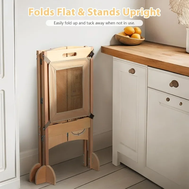 New.Toddler Tower، مساعد مقعد مطبخ للأطفال الصغار قابل للطي مع مقعد بخطوتين، مقعد خشبي للأطفال الصغار مع شبكة أمان #1