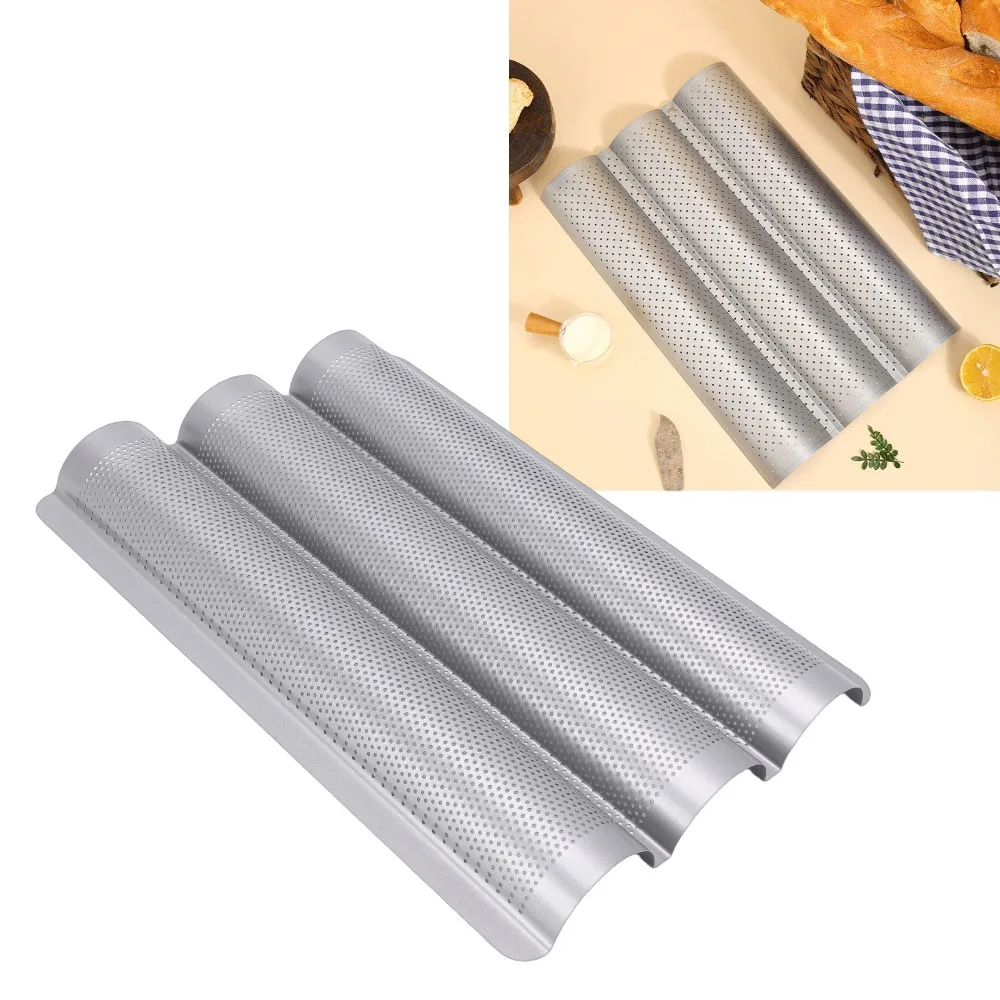 2PCS Carbon Steel Baguette Baking Pan Three Channel Nonstick French Bread Pan Perforated Rounded Corner Bread Baking Tray