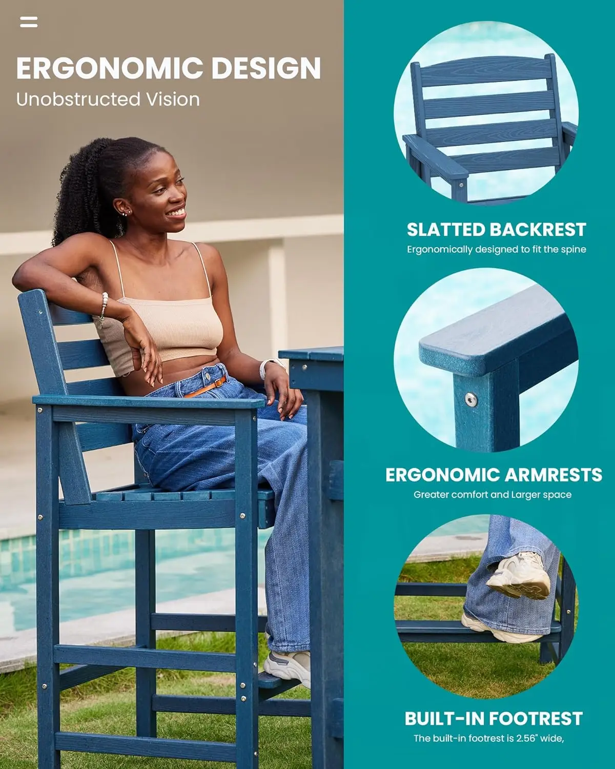 5-teiliges Bar-Set für den Außenbereich, übergroßes hohes Adirondack-Barstuhl- und Tischset, Blau