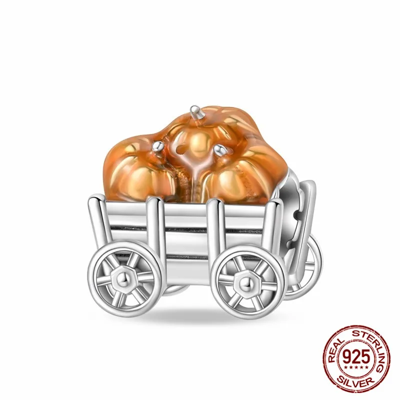 

925 Sterling Silver Pumpkin and Cart Pendant Beads Inlaid with Zircon Paired with an Original Bracelet DIY Womens Jewelry Gift