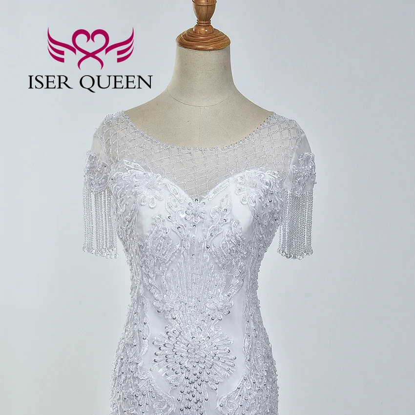 تخصيص قصيرة الديكور شرابة الأكمام أوروبا حورية البحر فساتين الزفاف قارب الرقبة الدانتيل يزين جودة فستان الزفاف WX0035