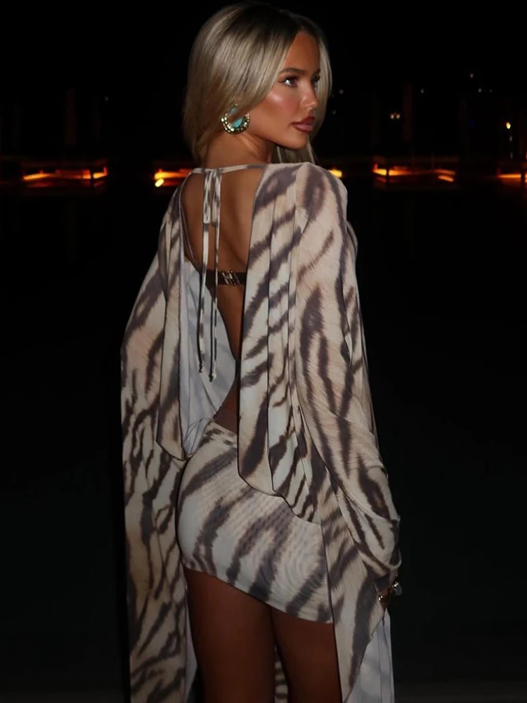 Sisterlinda Kleid mit ausgestellten Ärmeln für Damen, Zebra-Print, Quasten, Bandage, rückenfrei, tiefer V-Ausschnitt, locker, wild, sexy, Mitternachts-Mini-Bodycon – Detail 6