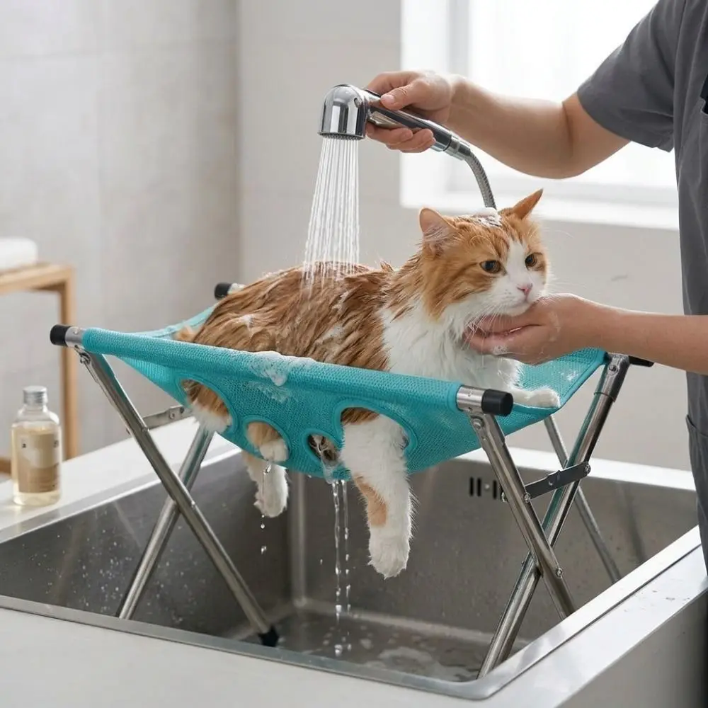 Folding Pet Grooming Hammock Quick Drying with Support Frame Dog Grooming Table Adjustable Detachable Pet Washing Station