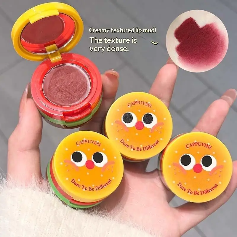 Cappuvini Three Layer Velvet Lip Mousse Matte Butter Long-Lasting Non-Drying Cute Hamburger Design Compact And Portable
