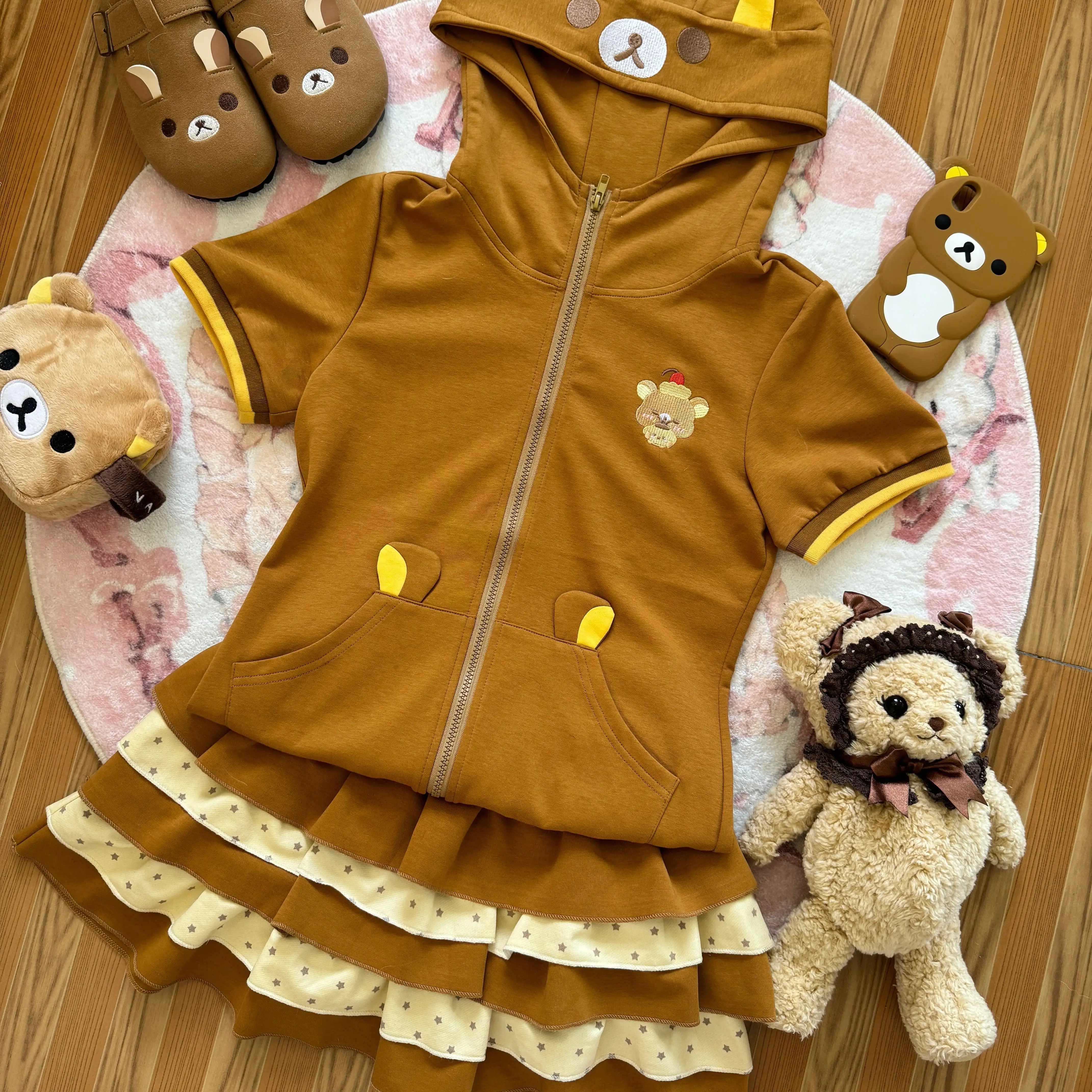 Bear Embroidered Short Sleeve Top Japanese Style Cute Soft Girl Summer Hooded Short Sleeve Zipper Jacket Women Slimming Top