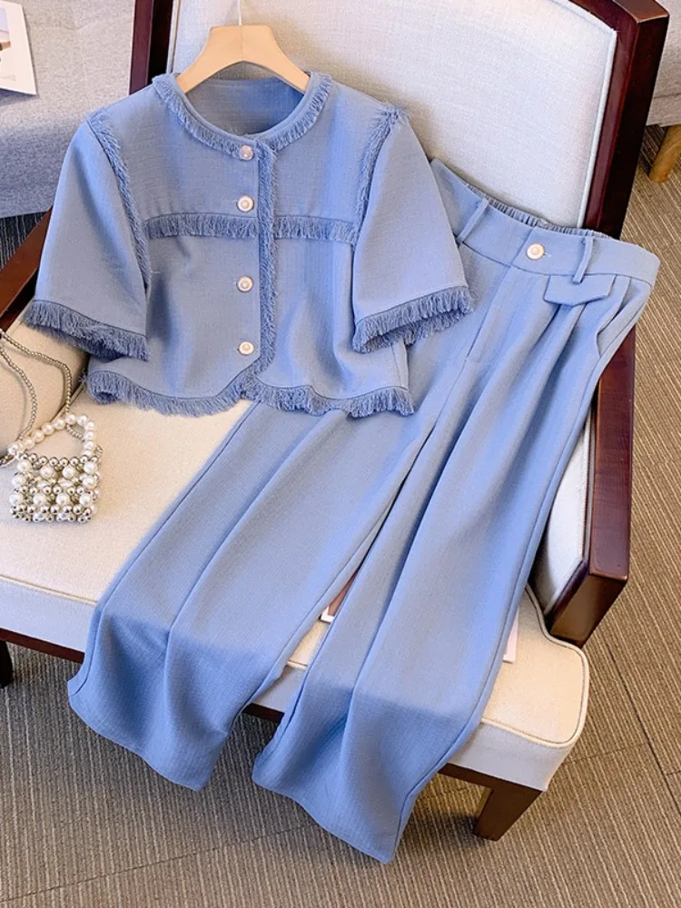 

Oversized Small Fragrance Matching Sets Tassel Short Sleeve Crop Top+high Waist Straight Pants Summer Solid Color Women Clothing