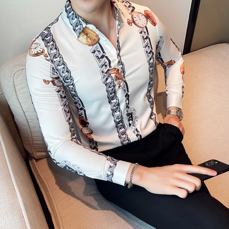 

21 Style Luxury Print Men Shirt Brand Clothing Men Long Sleeve Slim Fit Business Formal Dress Party Club Fashion Shirt Homme