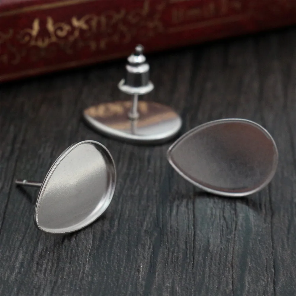 20pcs 10x14mm Inner Size Drop Earring Stud Cabochon Blank Base Setting Tray No Fade Stainless Steel DIY Jewelry Making Findings