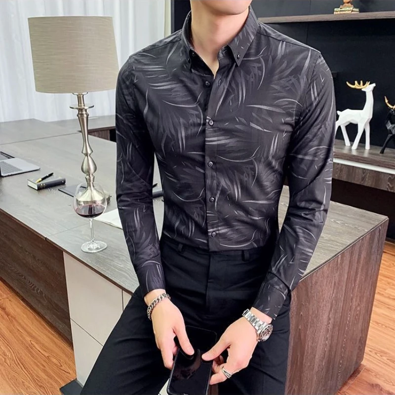 

2026 Autumn Men Slim Fit Long Sleeve Shirt Business Casual Printed Quality Trendy Korean Style Top