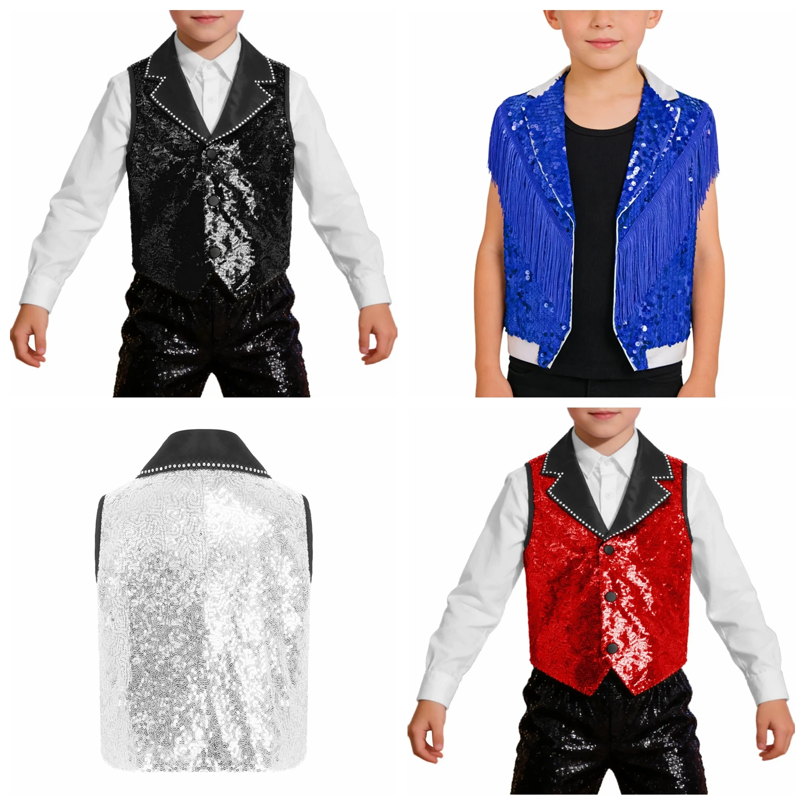 Kinder Jazz-Tanz Disco-Weste Jungen Fransen-Pailletten-Weste Bühnenkostüm mit Reverskragen Ärmellose Jacke Oberteil
