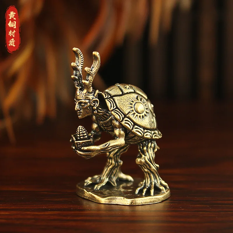 Brass tree turtle figurine, a creative vintage design, depicting the sun god and guardian spirits, a decorative craft for la